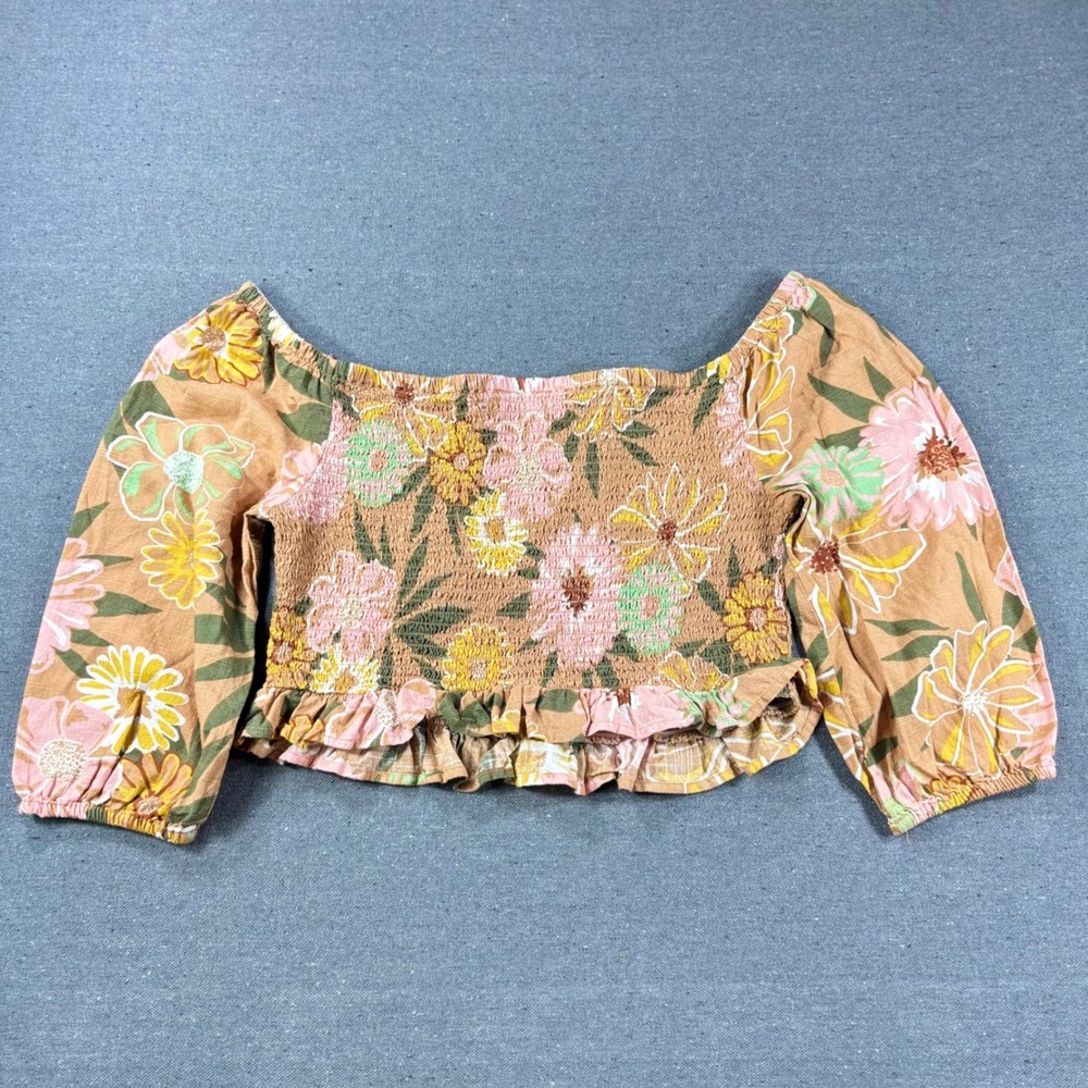 Roxy Crop Top Women Large Tan Floral Smocked Off Shoulder Ruffle Hem Long Sleeve